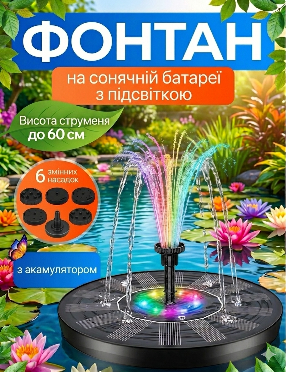Фонтан на сонячній батареї з підсвіткою